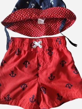 Circo Red Baby Swim Trunks with Navy Anchor Accents